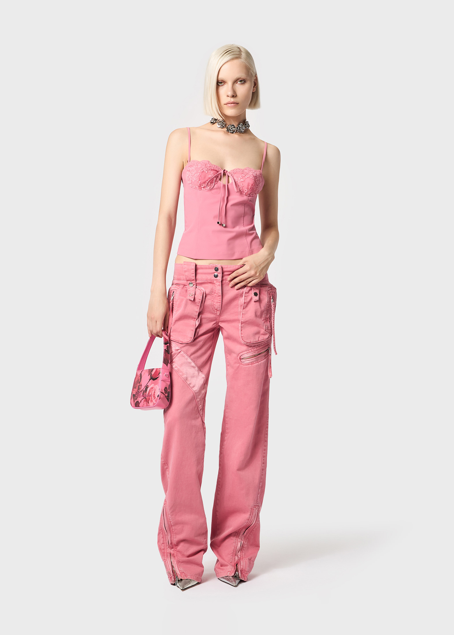 Blumarine Cotton Denim Cargo Flared Pants W/zips In Pink