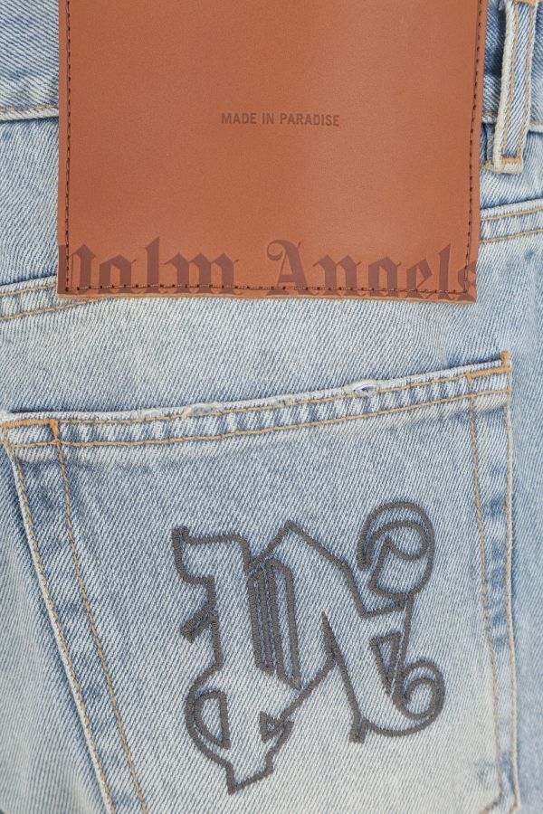 Palm Angels Loose-fit Jeans In Blue Denim With Pa Monogram In Gray