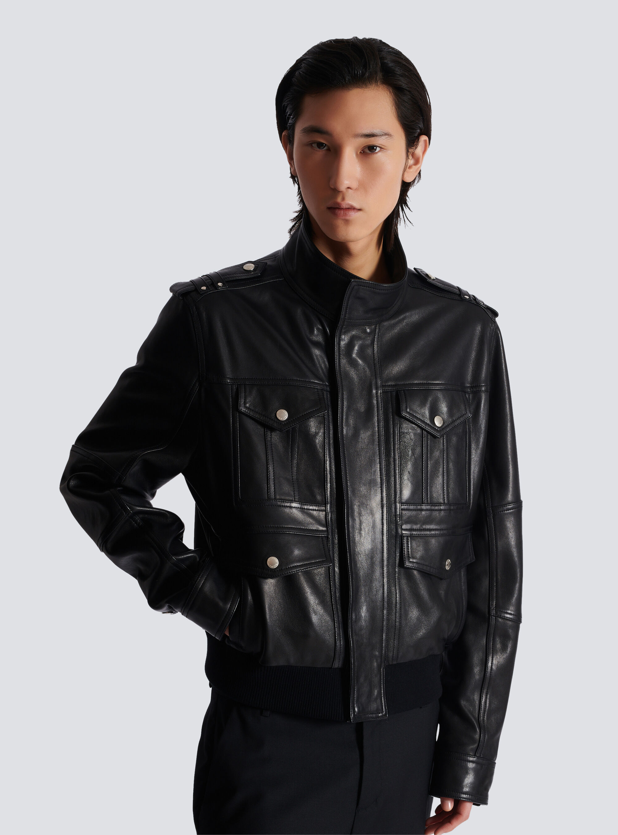 Balmain Lambskin Leather Jacket With 4 Pockets In Black