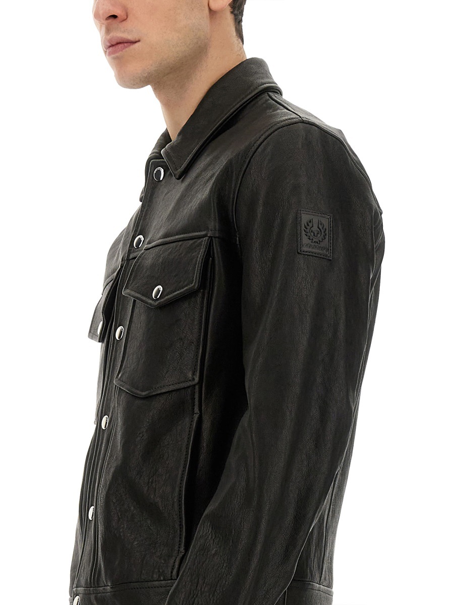 Belstaff Lapel Long-sleeved Leather Jacket In Black