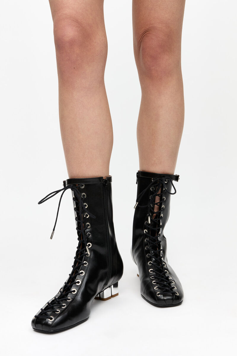 Ganni Black Oleatex Eyelets Lace-up Ankle Boots In Black