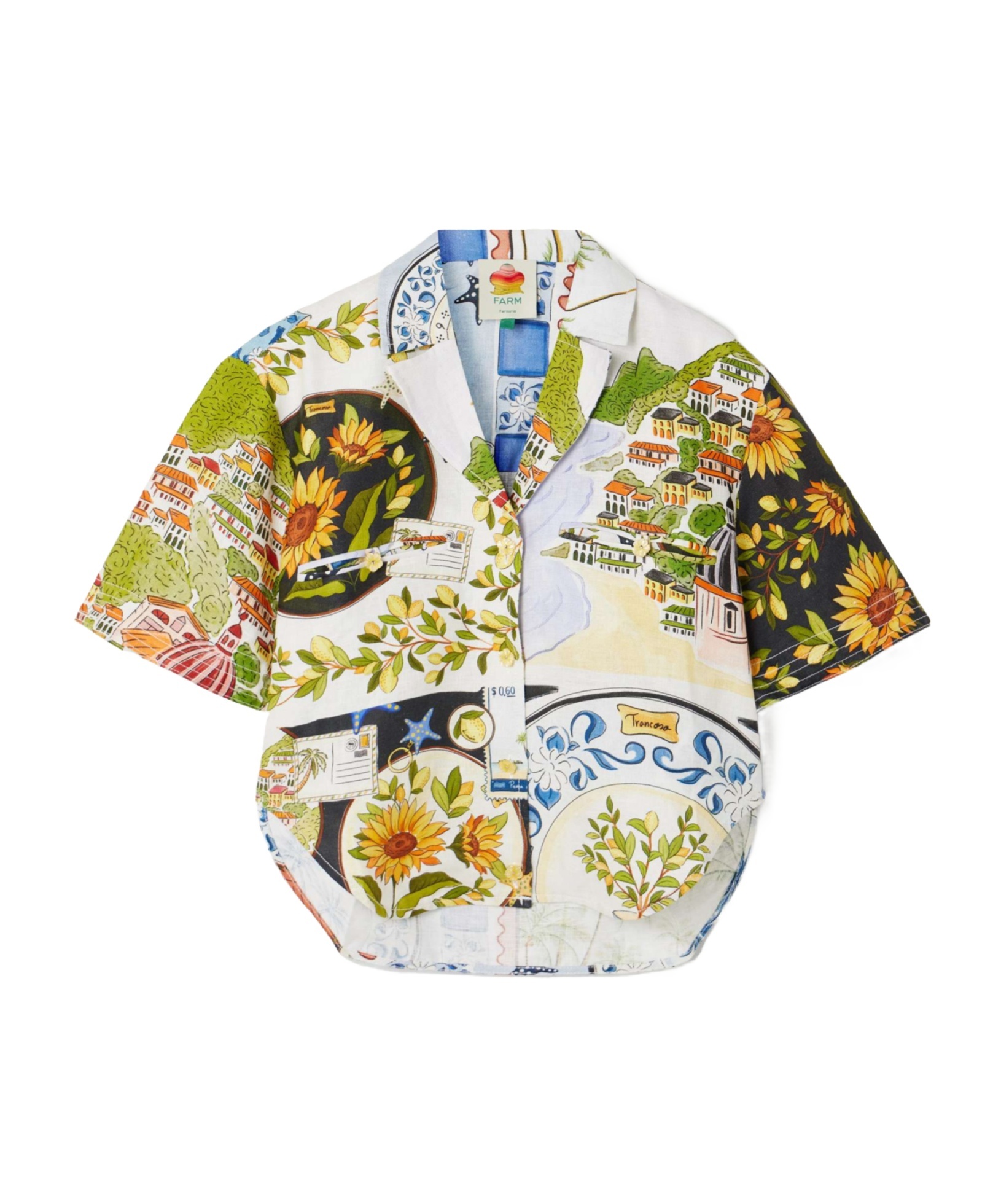 Farm Rio Latin Trip Scarves Crop Linen Button-up Shirt In Multi