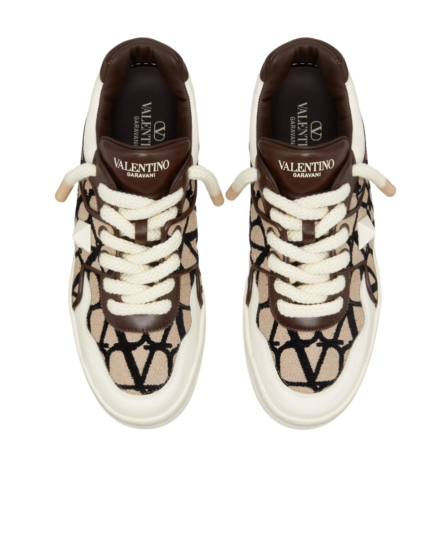 Valentino Garavani One Stud Xl Low-top Trainer In Nappa Leather And Toile Iconographe Fabric In Multicolor