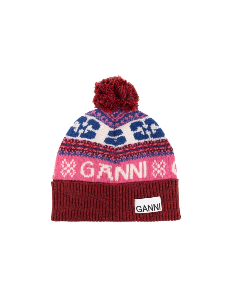 Ganni Patterned-intarsia Knitted Beanie In Red