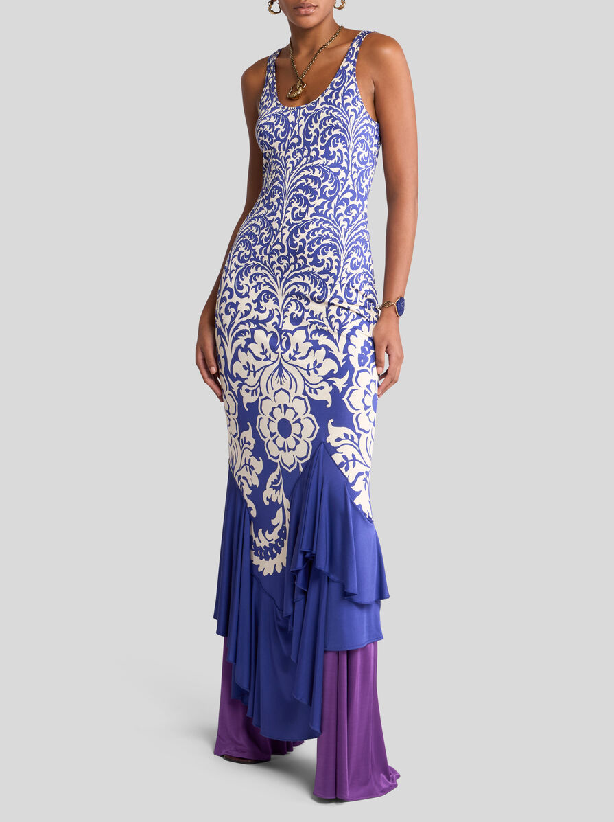 Etro Medallion Paisley Jersey Asymmetric Backless Dress In Blue