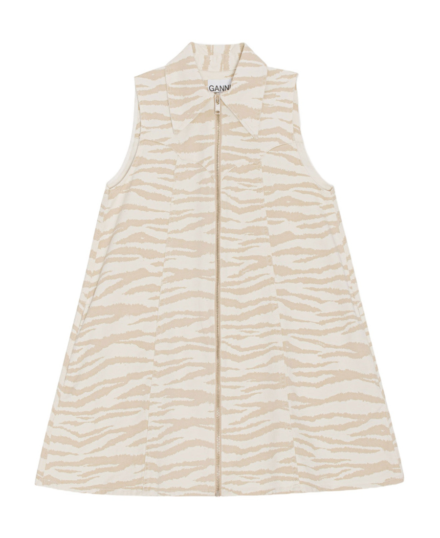 Ganni Zebra Print Denim Trapeze Shirtdress In White