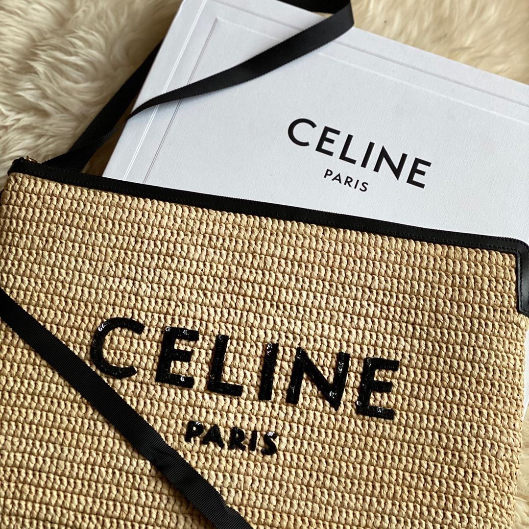 Celine Large Pouch In Raffia And Natural Calfskin