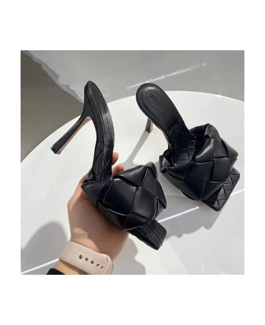 Bottega Veneta Green Intrecciato Lido Heeled Sandals In Black