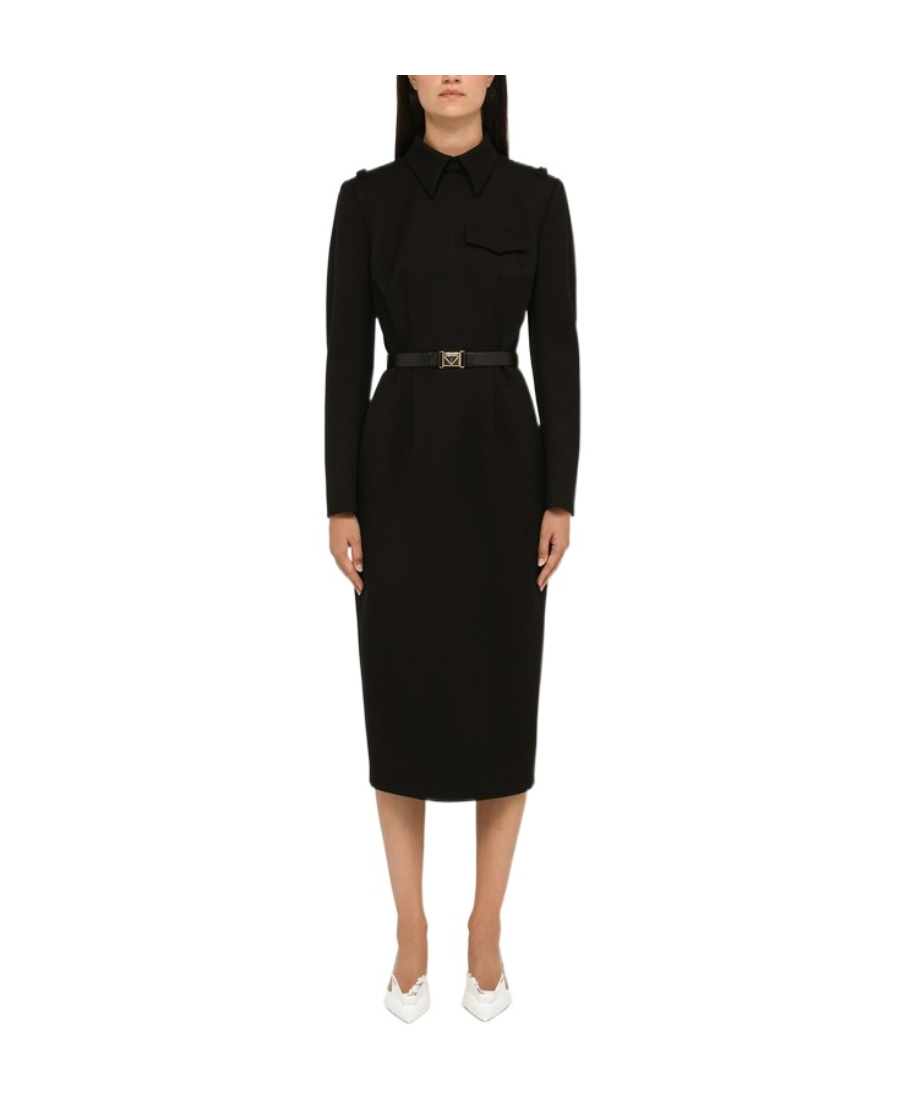 Prada High Neck Belted Waist Midi Dress In Black