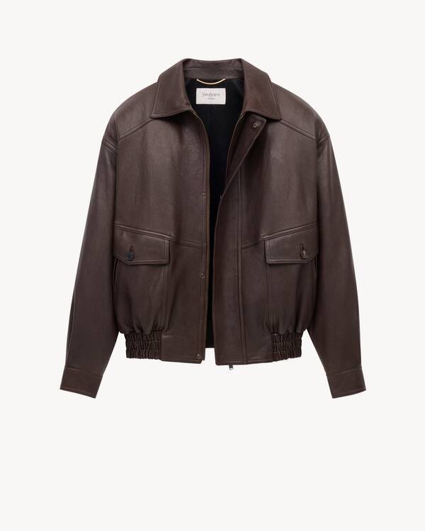 Saint Laurent Long Sleeve Leather Jacket In Brown