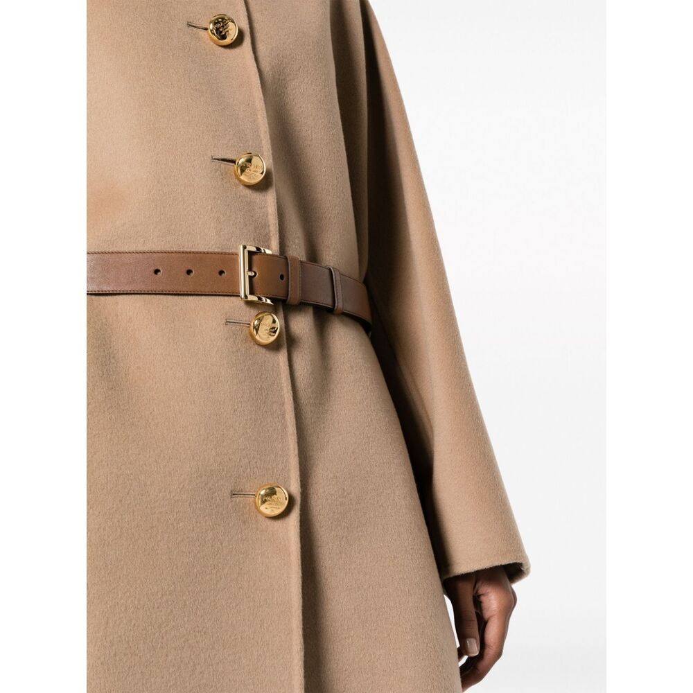 Prada Single-breasted Belted Coat In Neutral