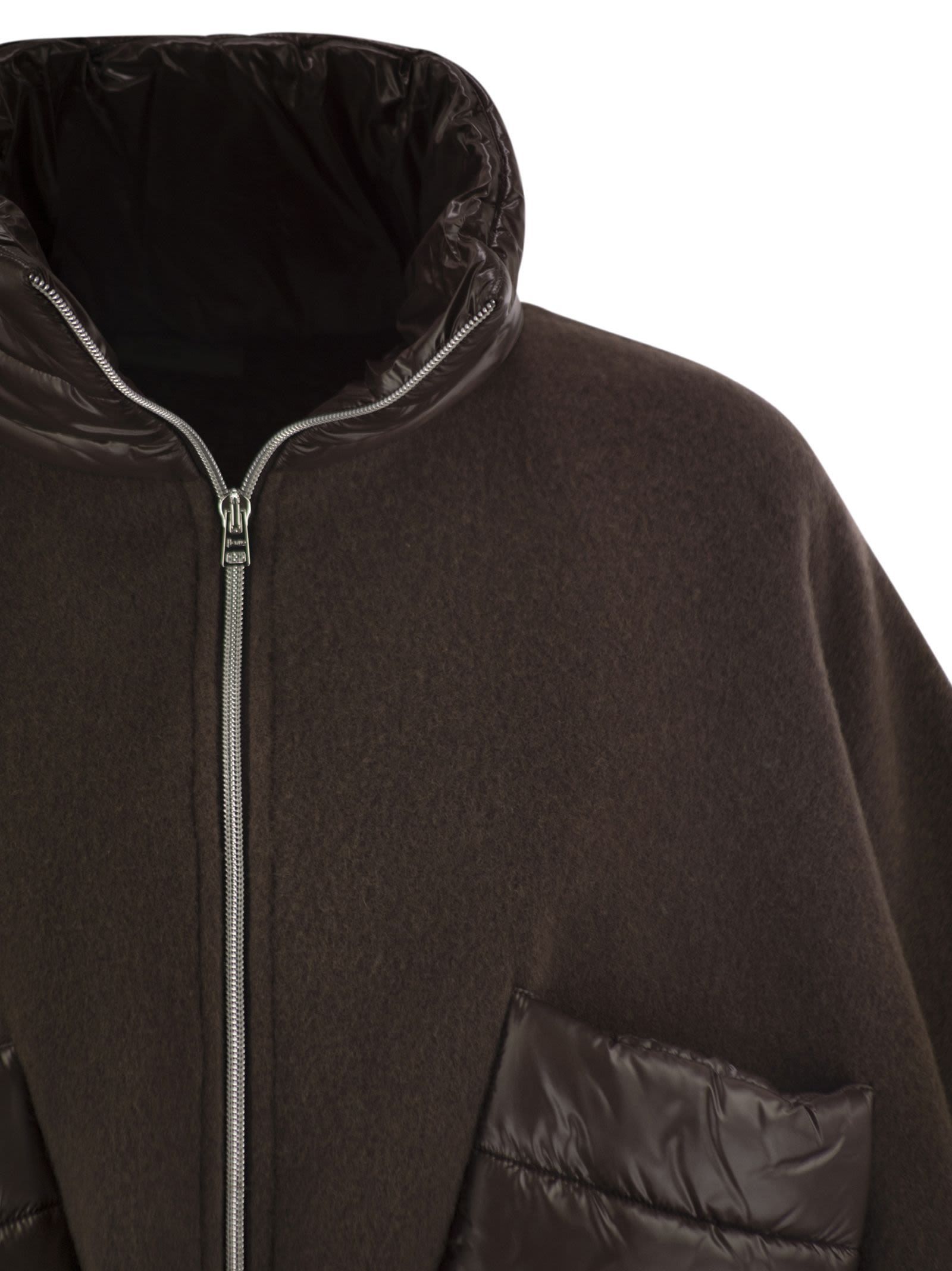 Herno Resort Poncho In Wool And Cashemre With Ultralight Nylon Details In Brown