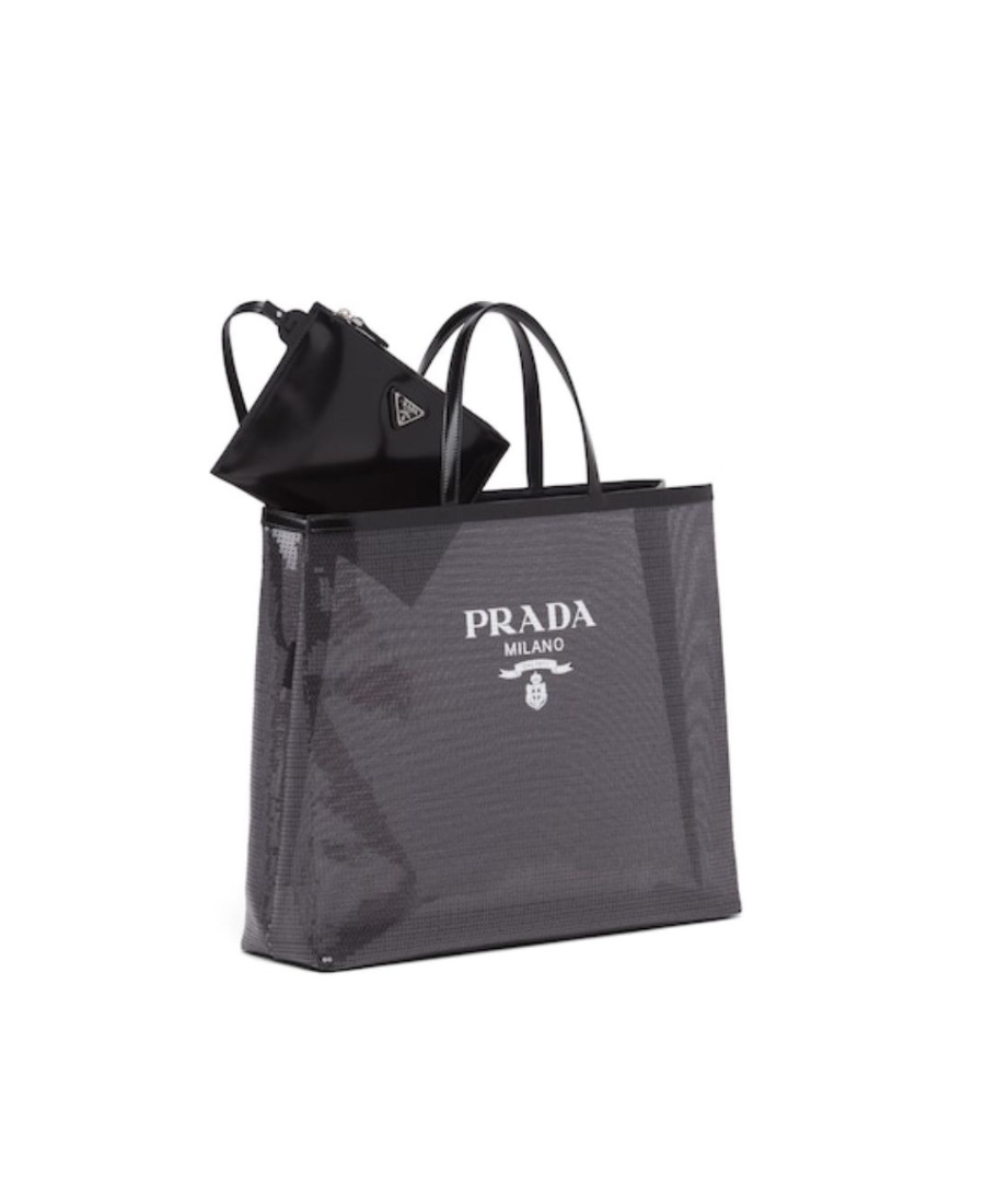 Prada Sequined Mesh Tote Bag In Black