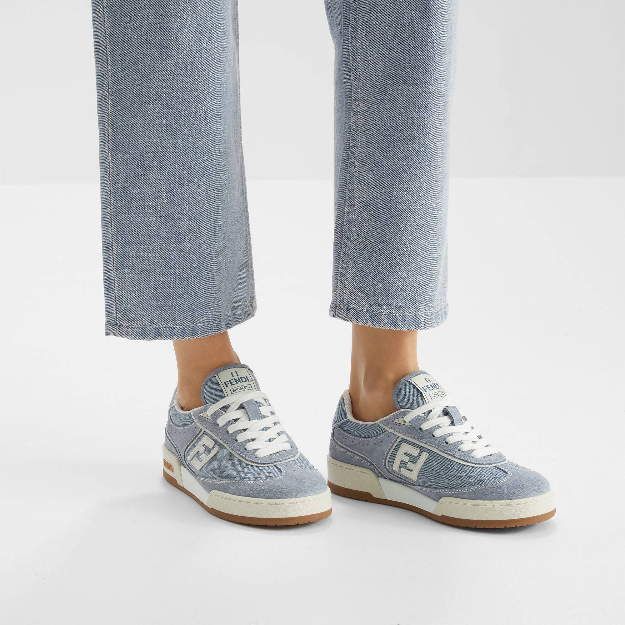 Shop Fendi Light Blue Denim Fabric And Suede Low Tops In Gray