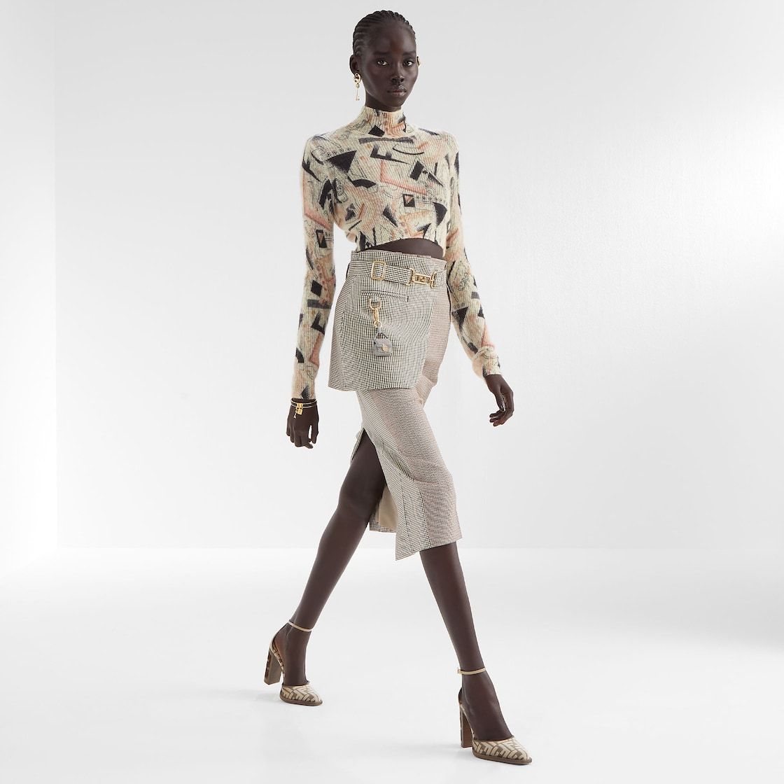 Shop Fendi Beige Houndstooth Wool Skirt In Nude