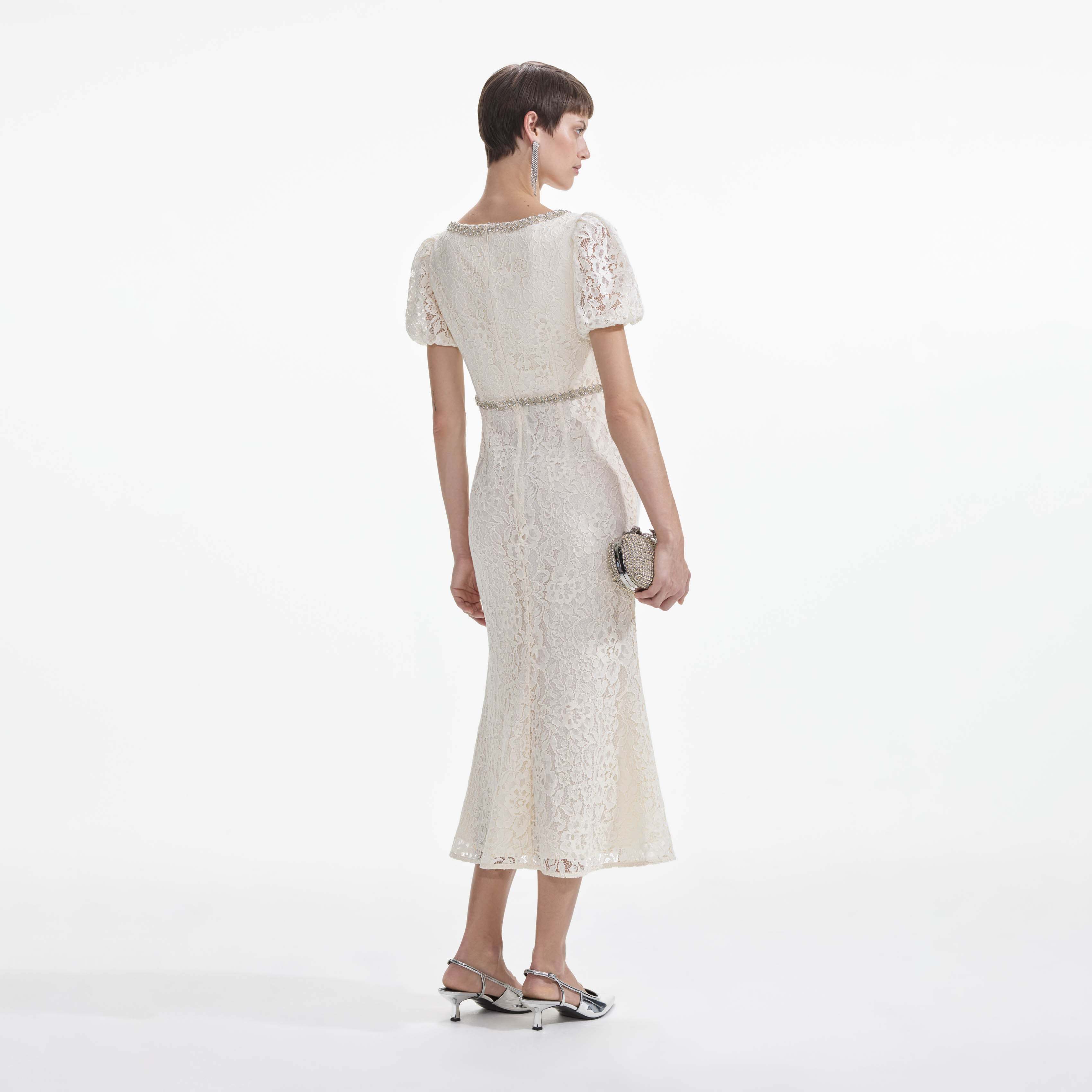 Self-portrait Lace-trimmed Mid-length Dress In White