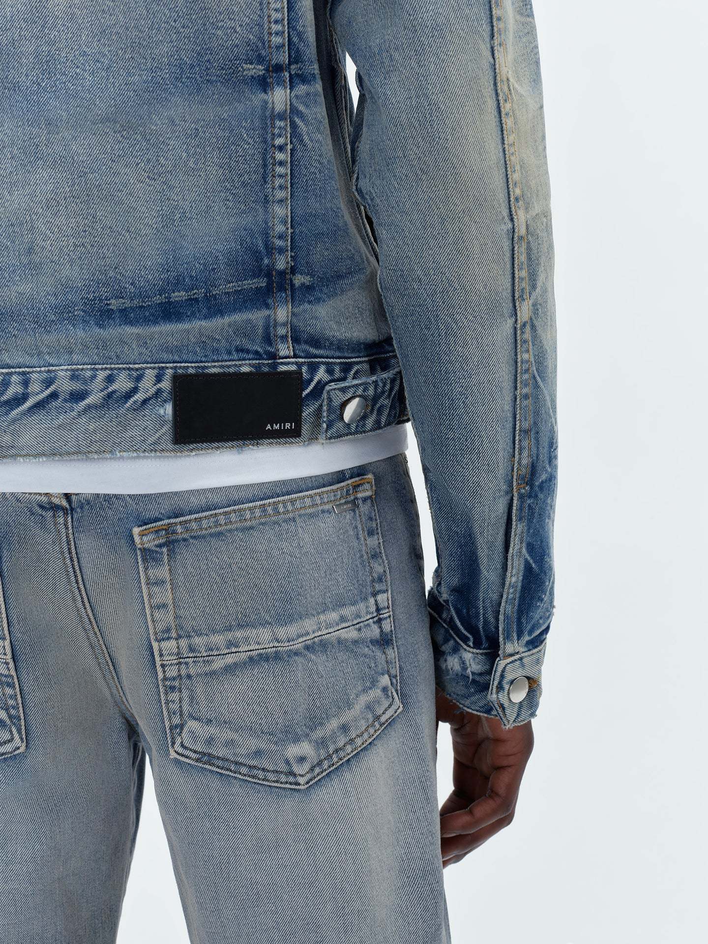 Amiri Ma Distressed Denim Trucker Jacket In Blue