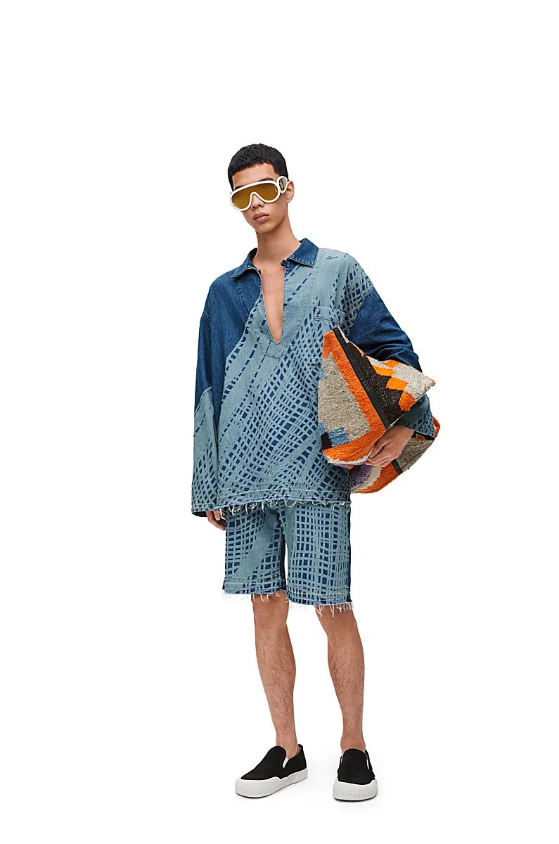 Loewe Printed Half-zip Denim Coat In Blue