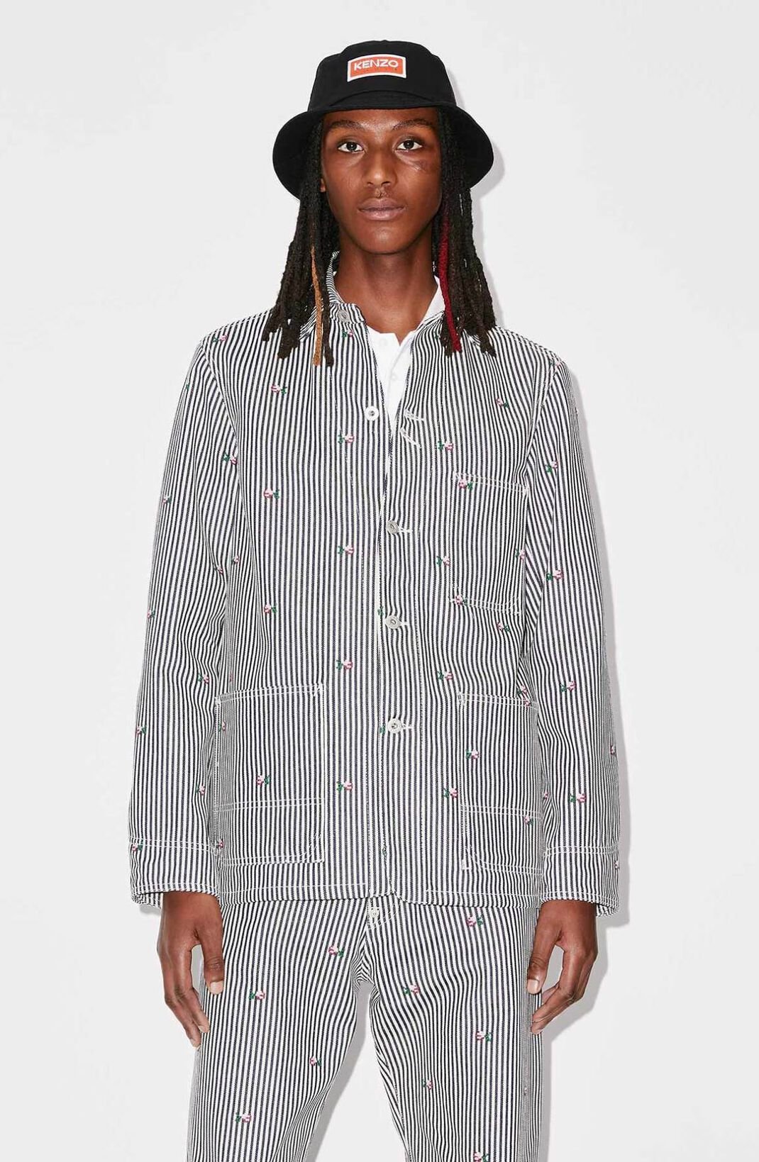 Kenzo Rinse Striped Workwear Denim Jacket In Gray