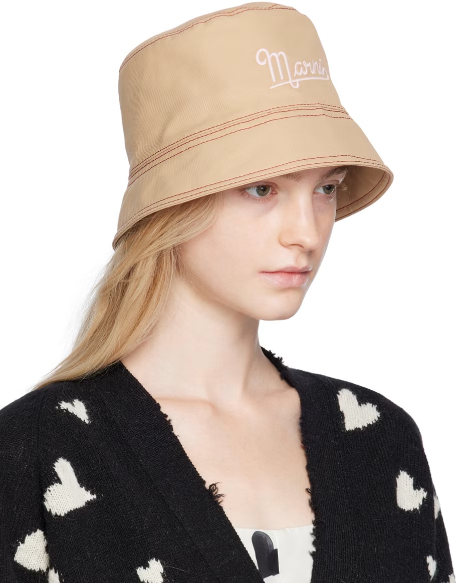 Marni Beige Linen And Cotton Bucket Hat With Embroidery In Nude