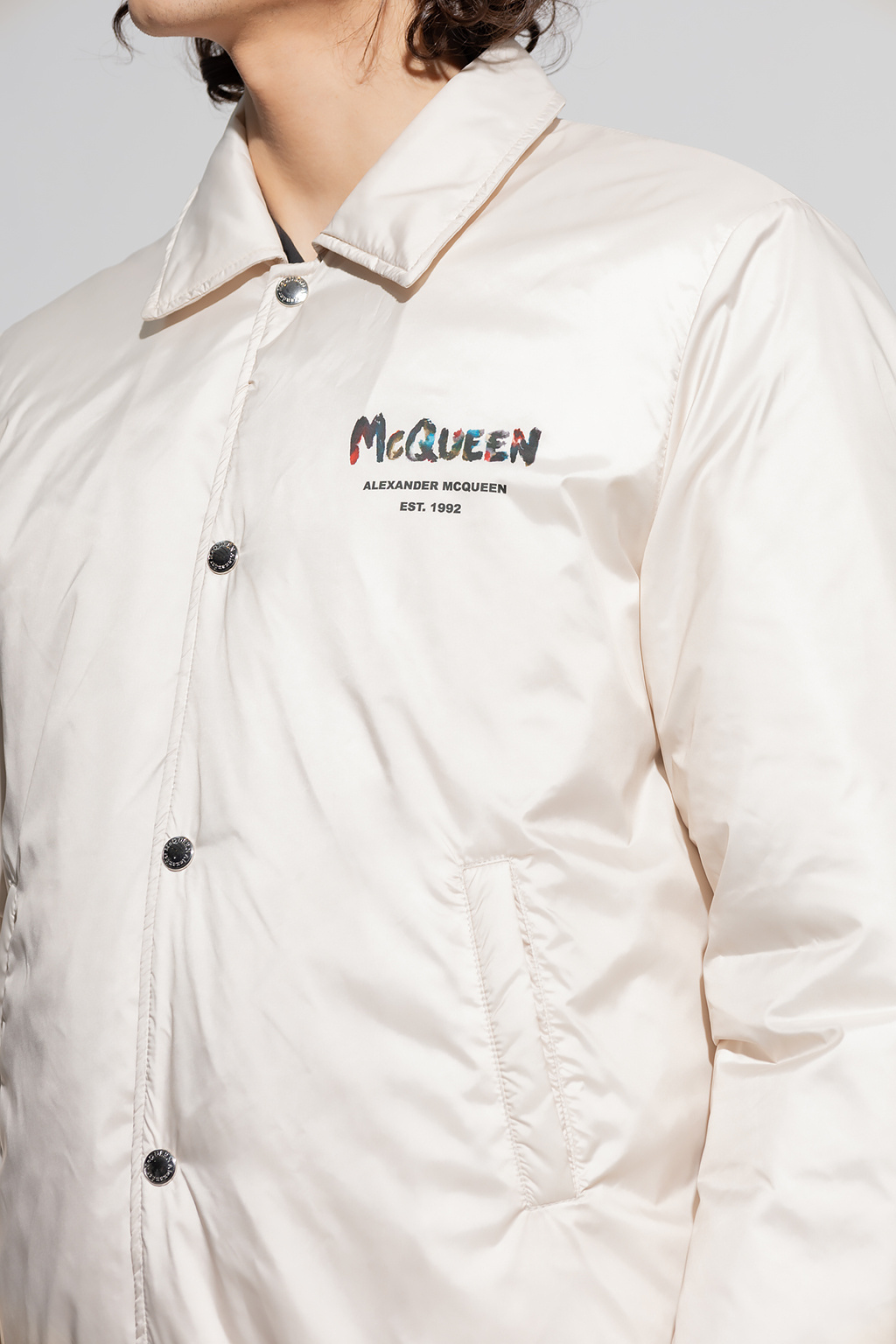 Shop Alexander Mcqueen Logo-print Shirt Bomber Jacket In White