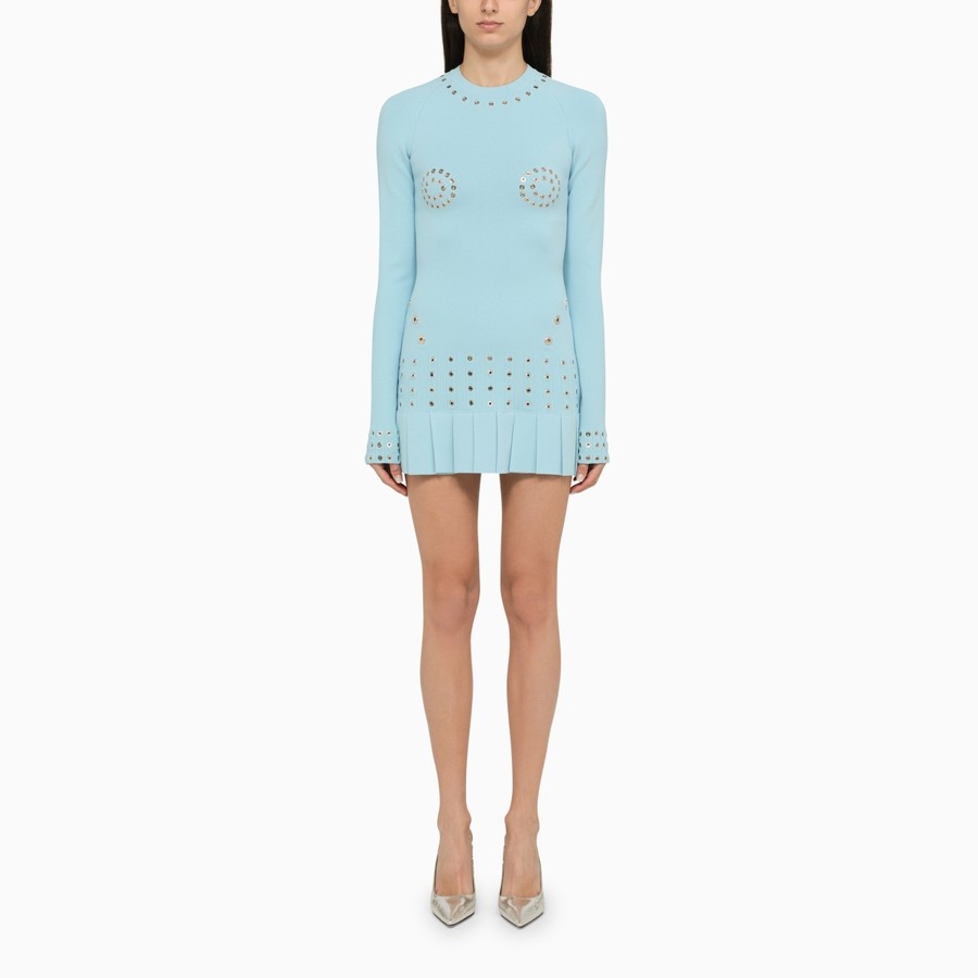 Off-white Pleated Mini Dress With Eyelets Detailing In Blue