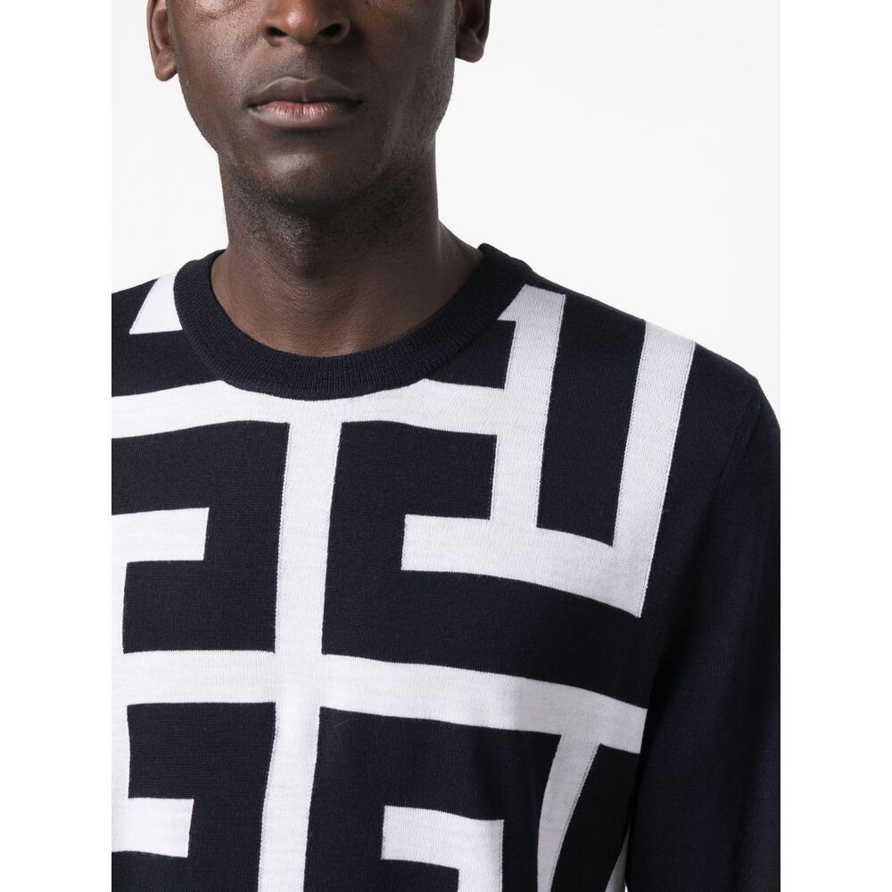 Balmain Monogram-print Merino Wool Jumper In Black