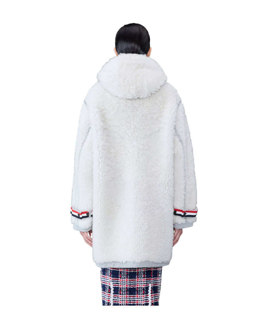 Thom Browne Stripe-trim Hooded Shearling Coat In White
