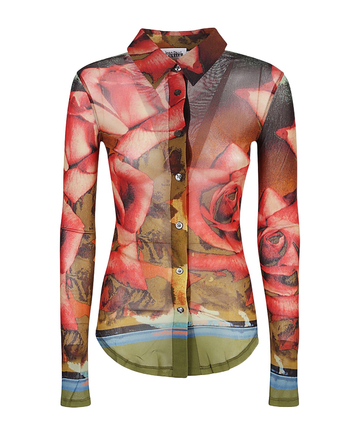 Jean Paul Gaultier Red Rose-print Mesh Shirt In Multicolor