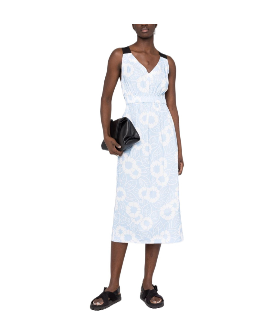 Prada Floral-print Off-shoulder Cotton Dress In Blue
