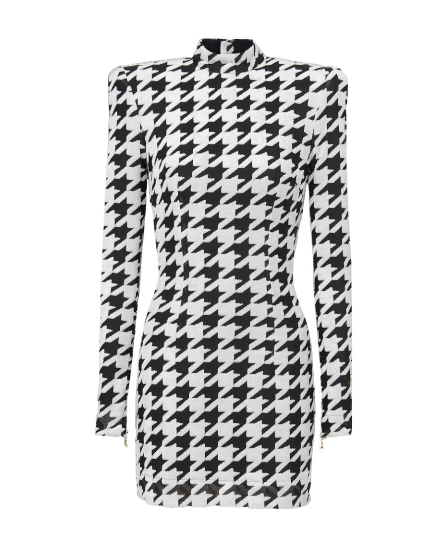 BALMAIN SHORT HOUNDSTOOTH PRINT VELVET DRESS
