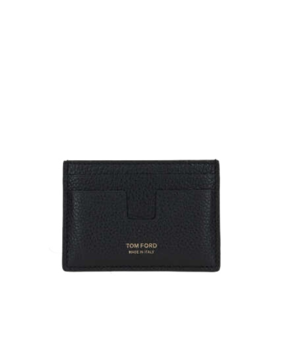 Tom Ford Black T Line Card-holder With Gold-colored Embossed Logo In Grainy Leather Man In Black