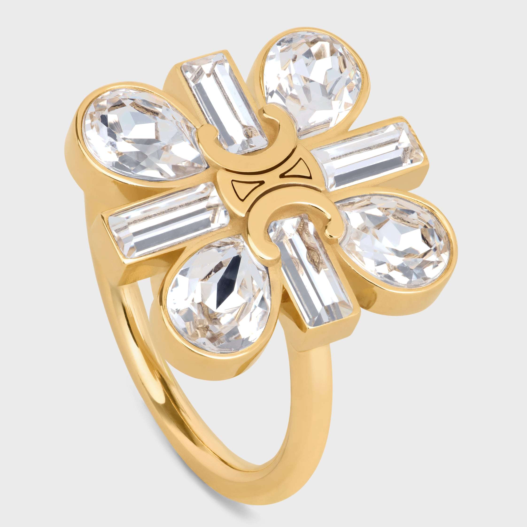 Celine Daisy Ring In Strass And Brass With Gold Finish In Gold
