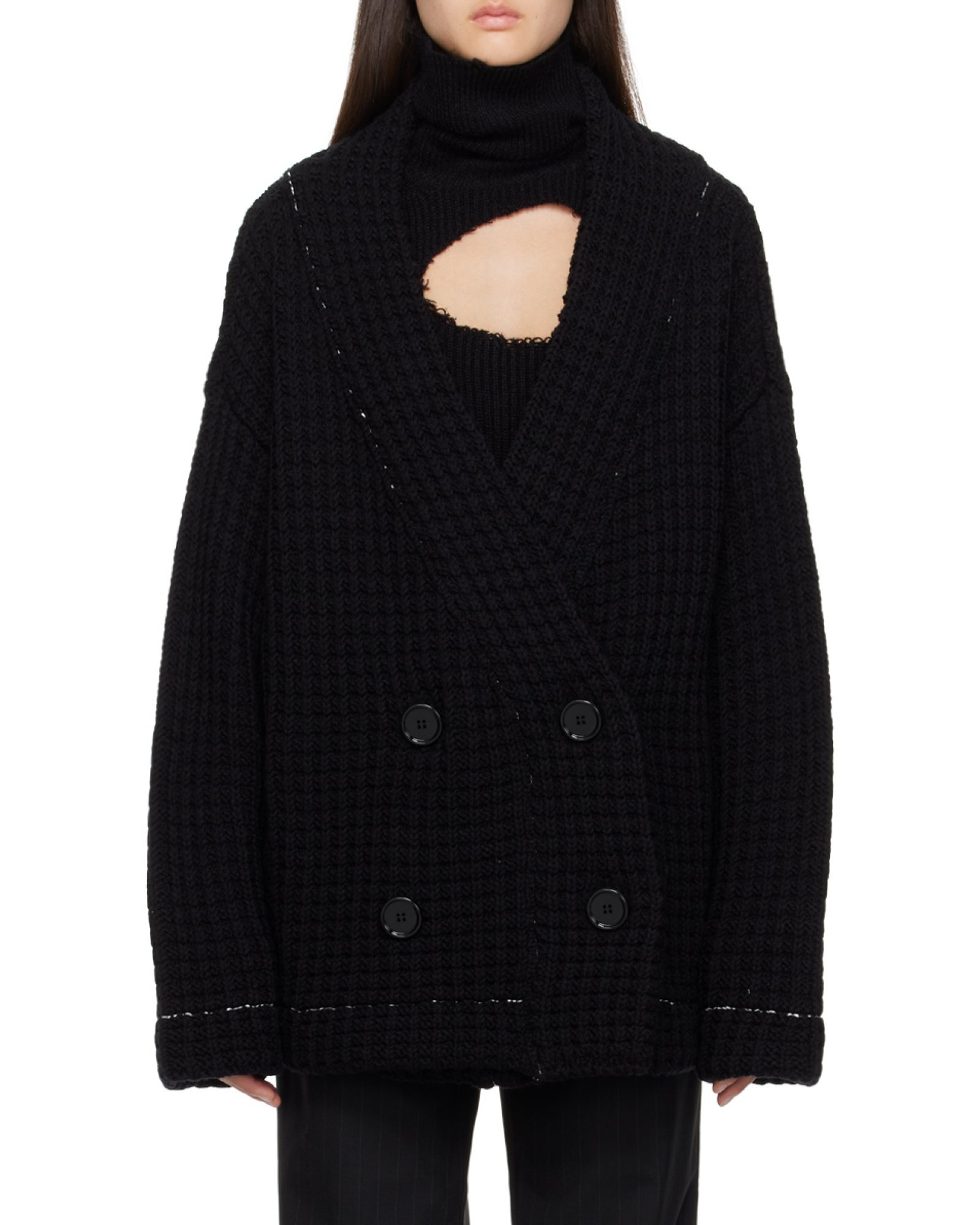 Shop Mm6 Maison Margiela Waffle-knit Double-breasted Cardigan In Black