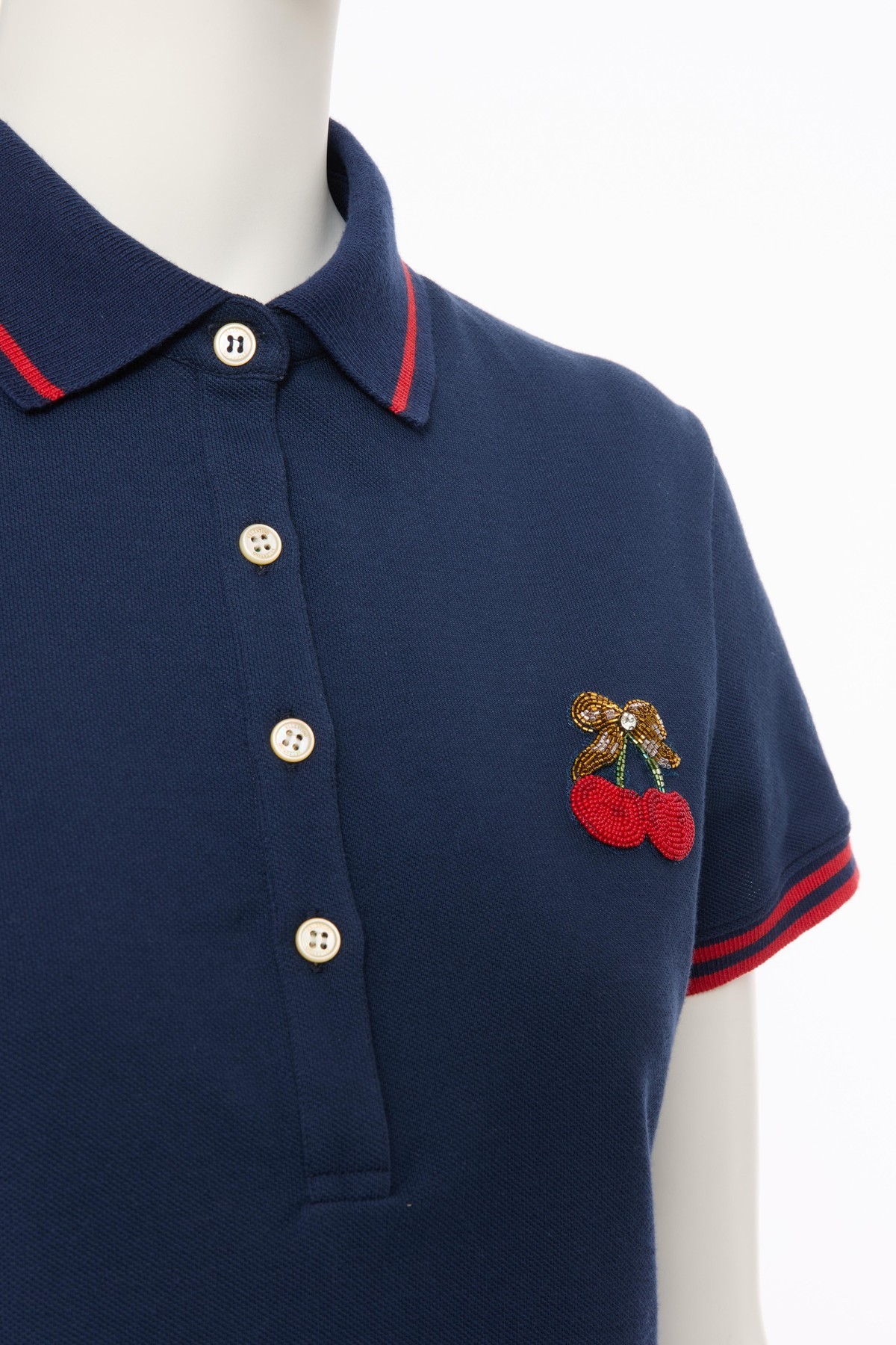 Valentino Cherry Embroidery Polo With Contrast Trim In Blue