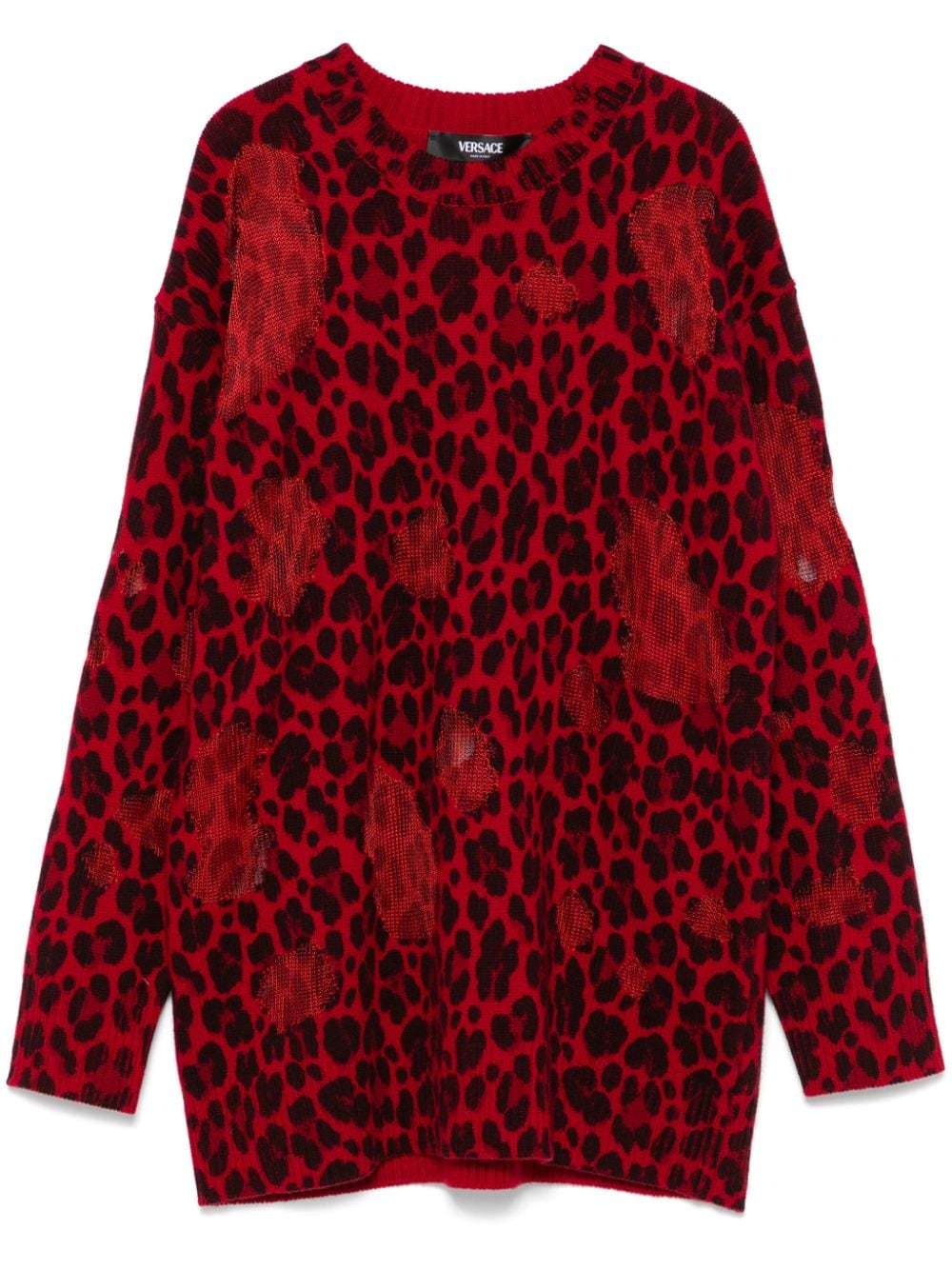 Versace Leopard-printed Semi-sheer Panelled Jumper In Red