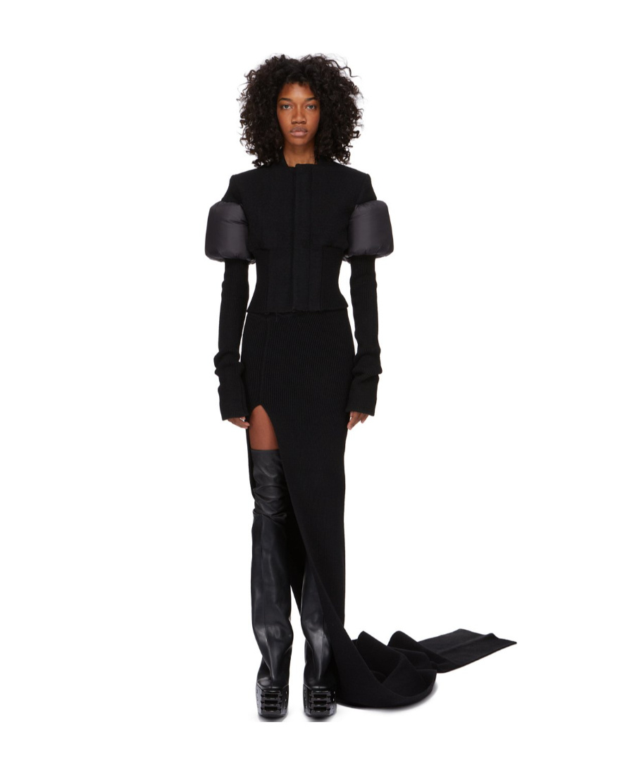 Rick Owens Padded-panels Ribbed-knit Fitted Jacket In Black