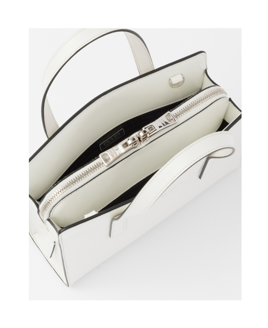 Prada Re-nylon And Leather Medium Top-handle Bag With Padlock In White