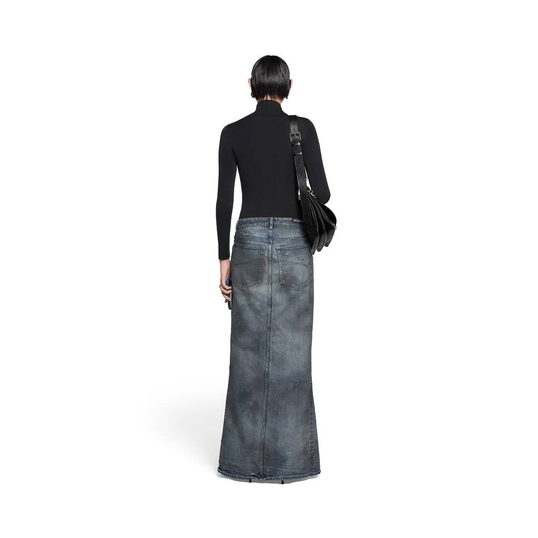 Balenciaga Dark Blue Maxi Skirt With Crinkled Effect With Logo Patch In Cotton Denim Woman In Black