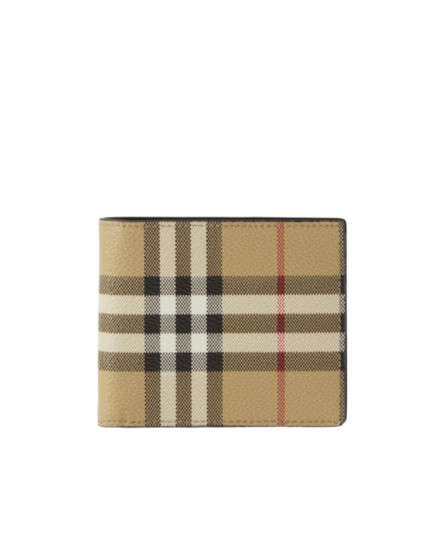 Burberry Beige Bifold Wallet With Check Motif In Techno Fabric In Green