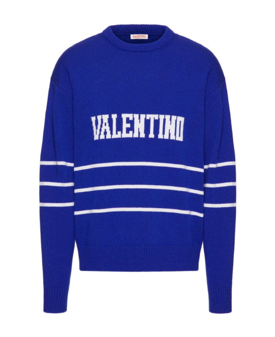 Valentino Logo-intarsia Crew-neck Jumper In Blue