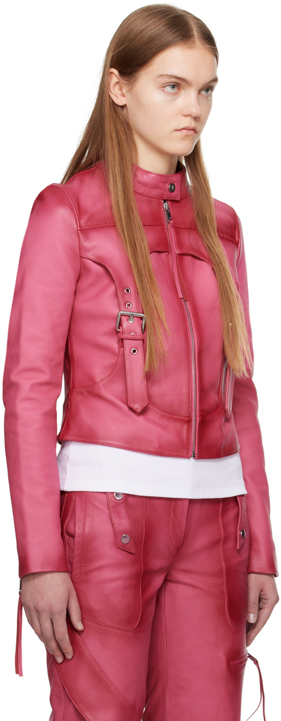 Blumarine Standing Collar Leather Jacket In Pink