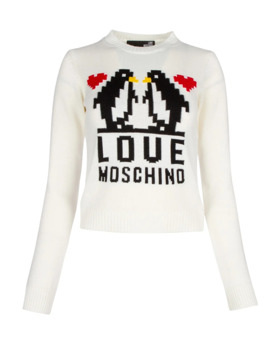 Moschino Pattern Inlaid Flower Round Neck Sweater In White