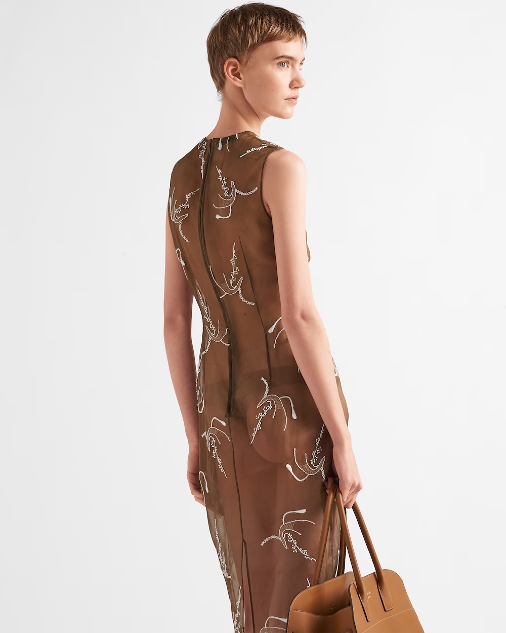 Prada Embroidered Sheer Silk Midi Dress In Green
