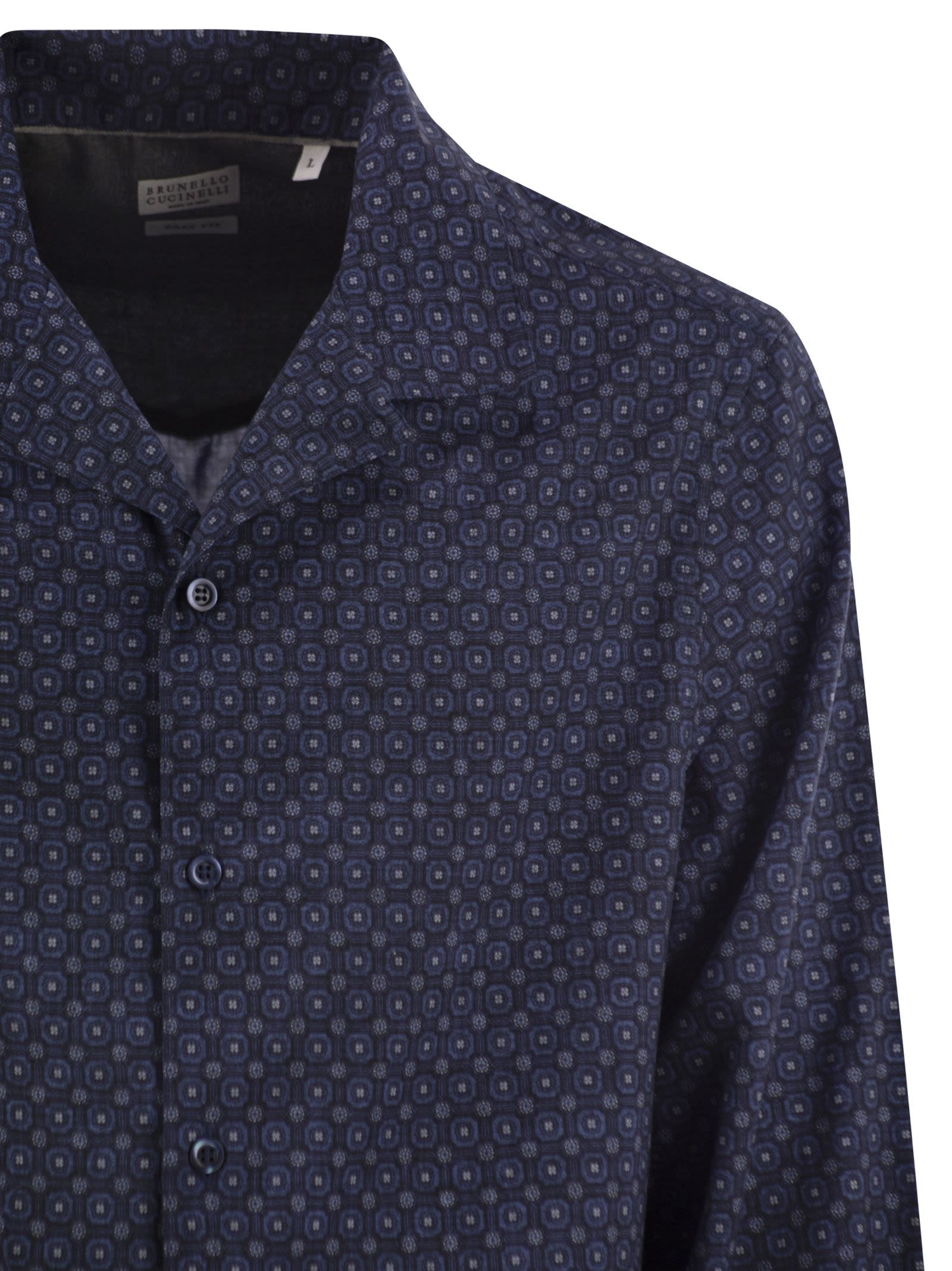 Brunello Cucinelli Men Geometric Print Easy Fit Twill Shirt With Camp Collar In Blue