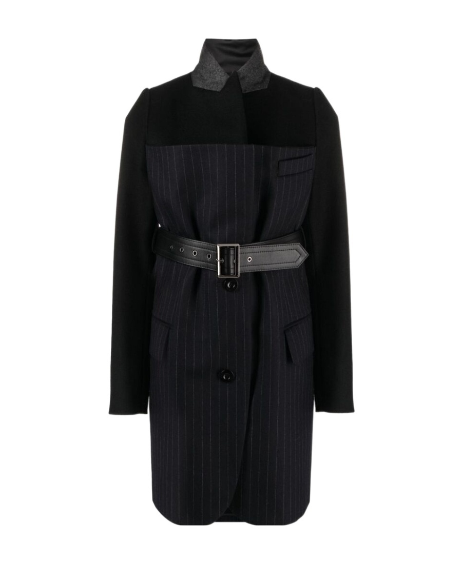 Sacai Belted Pinstriped Wool Blazer In Black