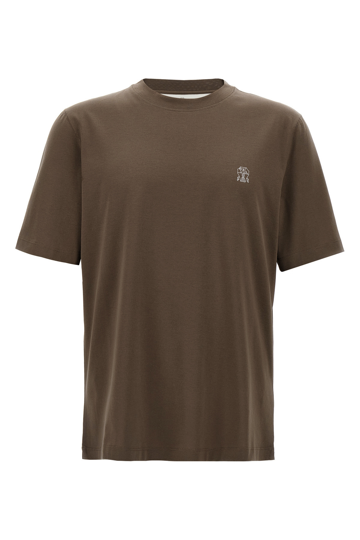 Brunello Cucinelli Printed Logo Crew Neck T-shirt With Side Slits In Brown