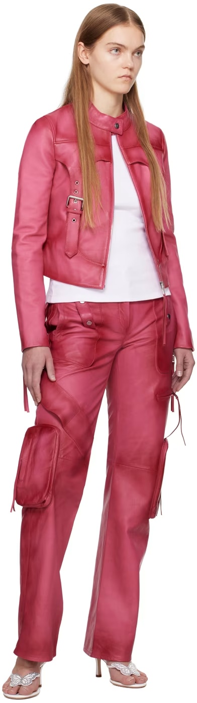 Blumarine Standing Collar Leather Jacket In Pink
