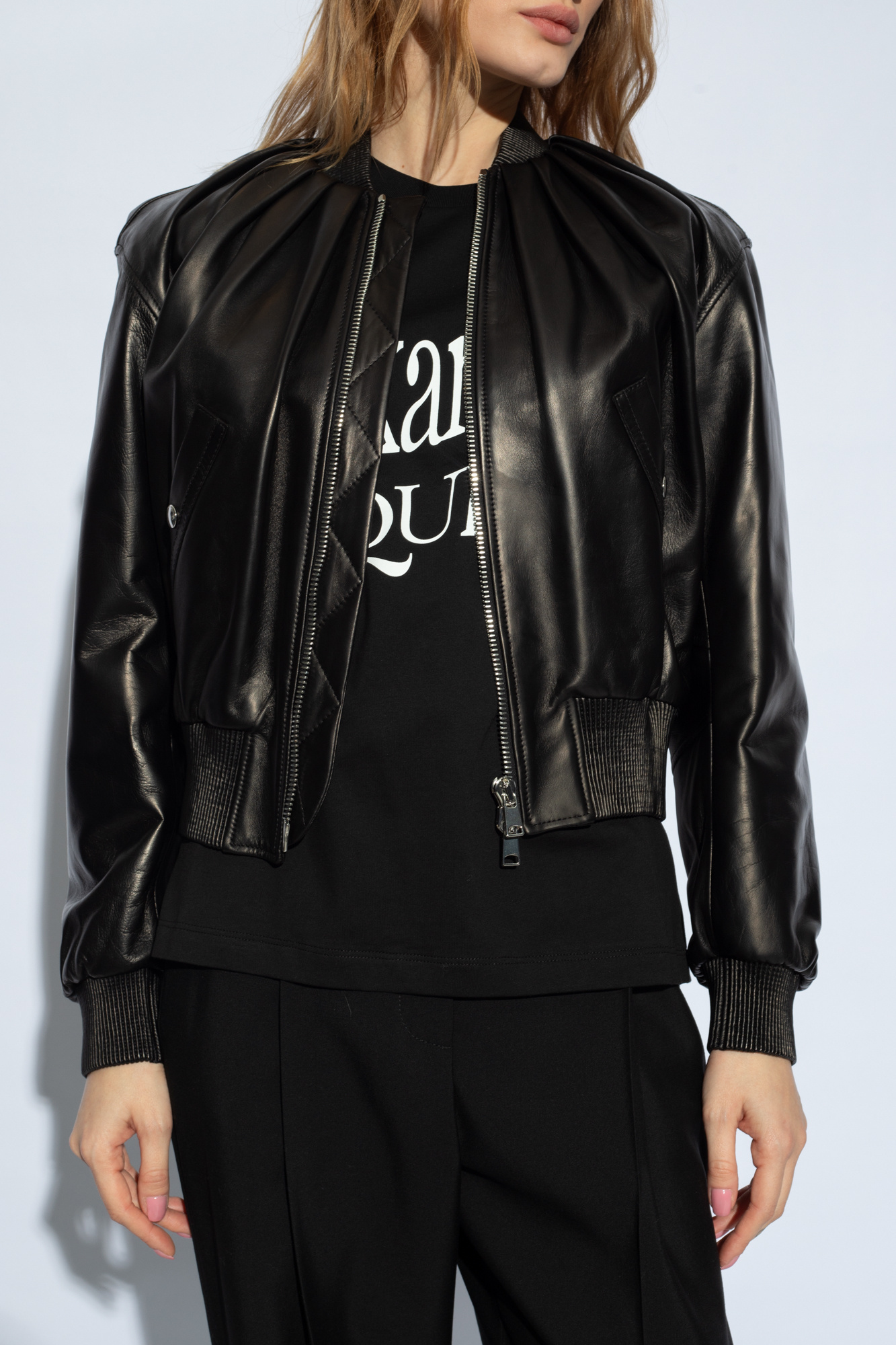 Alexander Mcqueen Leather Bomber Jacket In Black