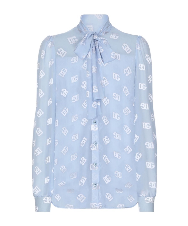 Dolce & Gabbana Pussy-bow Collar Semi-sheer Shirt In Blue
